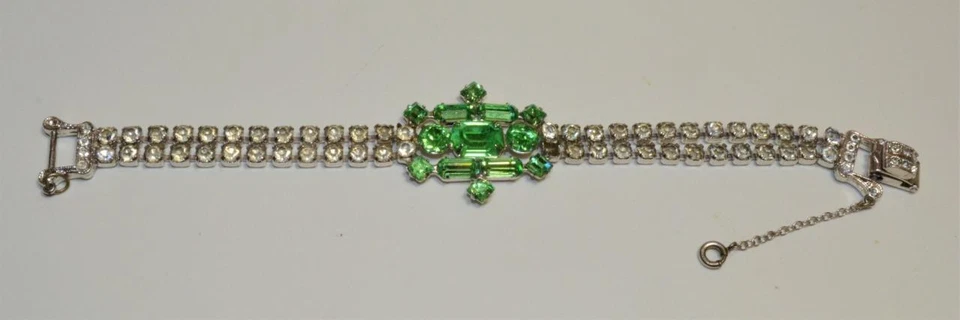 Vintage 50s Firmato Joseph Wiesner Ny Color Argento Verde Trasparente Strass 7 " - Immagine 2 di 4