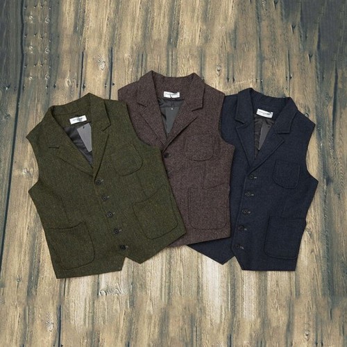 Men Tweed Waistcoat Wool Herringbone Vest Retro Gilet Formal Casual Suit Top - Picture 4 of 15