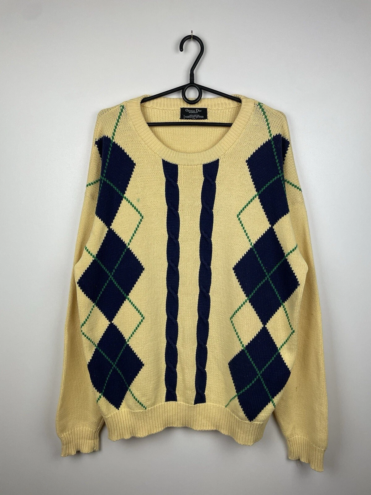 Pull tricoté motif Christian Dior Monsieur Argyle jaune taille L