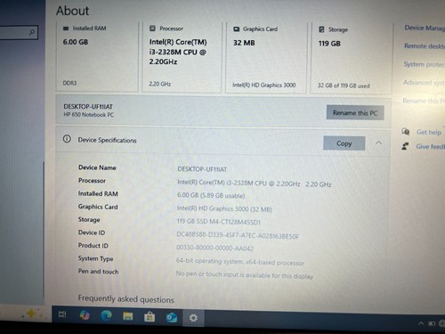 HP Probook 650 Screen 15.6" Intel i3-2328M Ram 6GB SSD 128GB Windows 10 Laptop - Picture 2 of 10