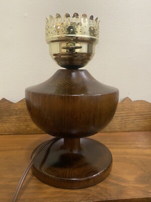 Vintage wooden base oil chimney style electric LAMP  wood & Brass 9'' Tall