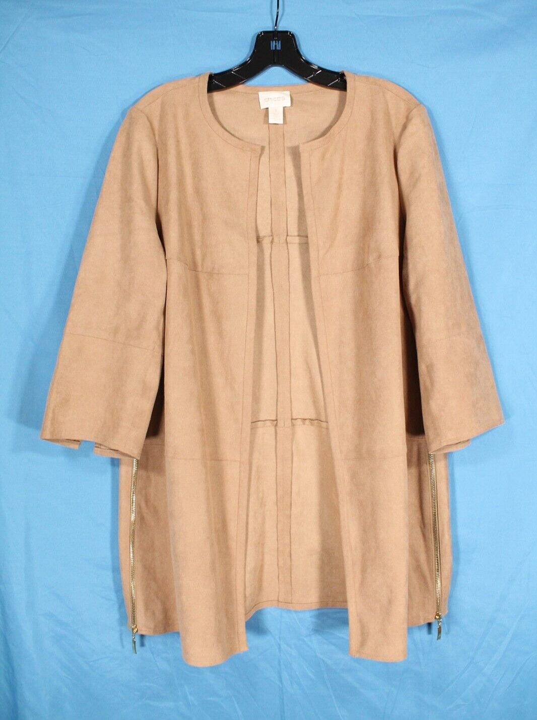 CHICO'S Tan OPEN FRONT 3/4 Sleeves FAUX SUEDE ZIP DETAIL JACKET/TOPPER  1 (US 8)