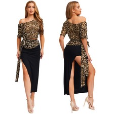 Womens Outfits 3-piece Skirt Latin Dress Training Costume High Slit Dance Party
