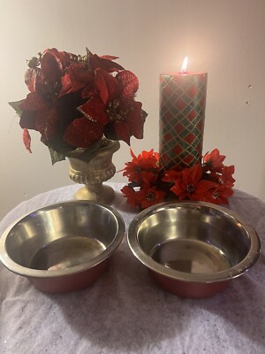 Set of 2 Bowls For Dogs Or Cats  ~ Metal ~ 6 1/2'' x 2 1/2'' Tall Pet Pretty Nice