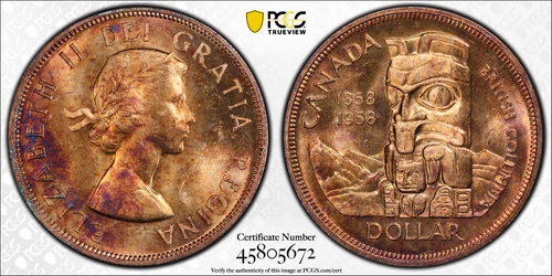 1958 $1CAD Silver PCGS UNC Details Toned Canada Dollar British Columbia