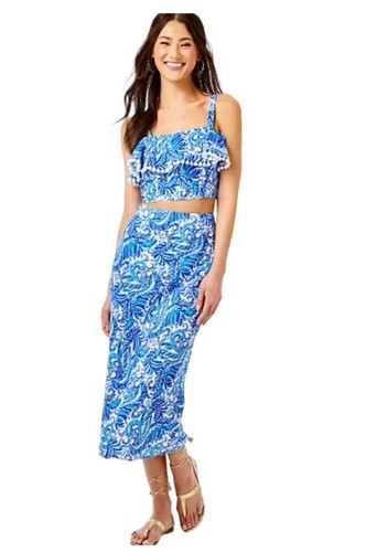 NWT Lilly Pulitzer Gretna Two Piece Set Baha Blue Bird Is The Word Top Skirt 12