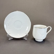 Sango Cantata 6202 Footed Cup and Saucer Replacement Platinum Trim White Floral