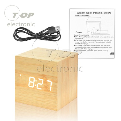 Wood Cube Clock LED Alarm Voice Control Digital Desk Bedside Wooden Temperature - Picture 23 of 40