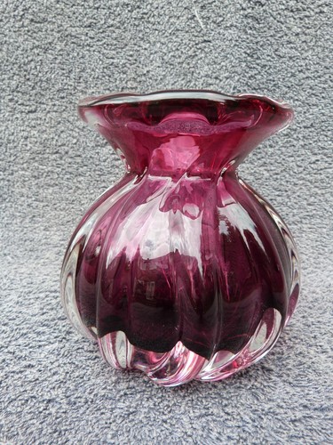 MID CENTURY CRANBERRY GLASS VASE HEAVY VINTAGE POSY VASE