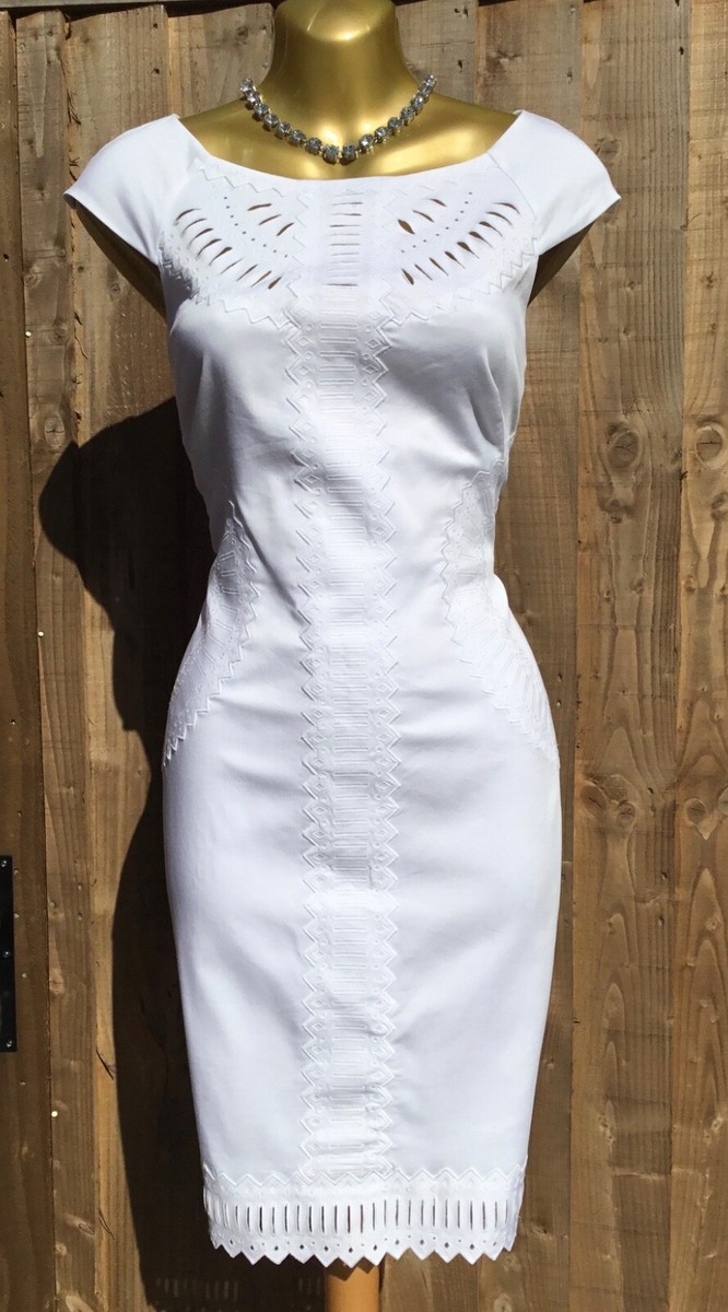 KAREN MILLEN - 12 UK - VINTAGE WHITE EMBROIDERED & CUT-OUT COTTON PENCIL DRESS KAREN MILLEN - 12 UK - VINTAGE WHITE EMBROIDERED & CUT-OUT COTTON PENCIL DRESS