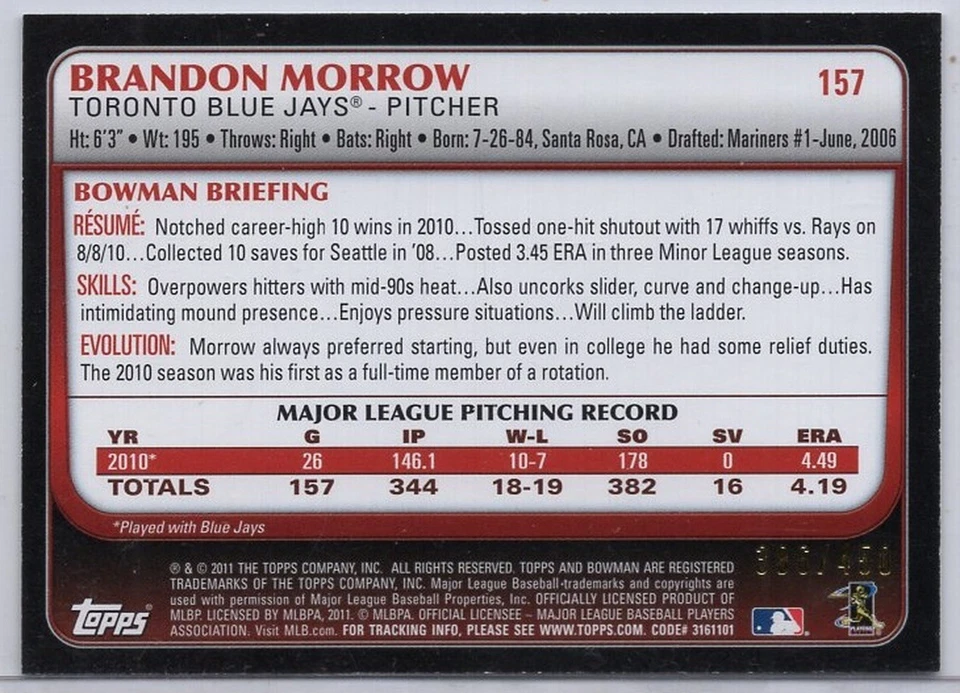 2011 Bowman Green #157 Brandon Morrow #'d 386/450 - Image 2 of 2