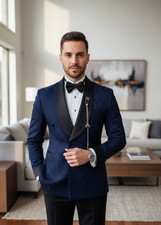 Men's Nevy Blue Jacquard 2 Piece Suit Slim fit Luxury Tuxedo Wedding Party Suit