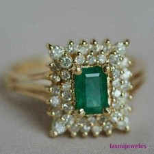 2Ct Emerald Cut Real Green Emerald Ring 14K Gold Over Double Diamond Halo Bridal