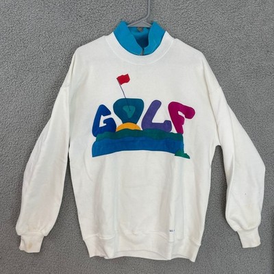 Jerzees Golf Graphic Sweater Mens XL White Teal Mock Neck Pullover Made in USA