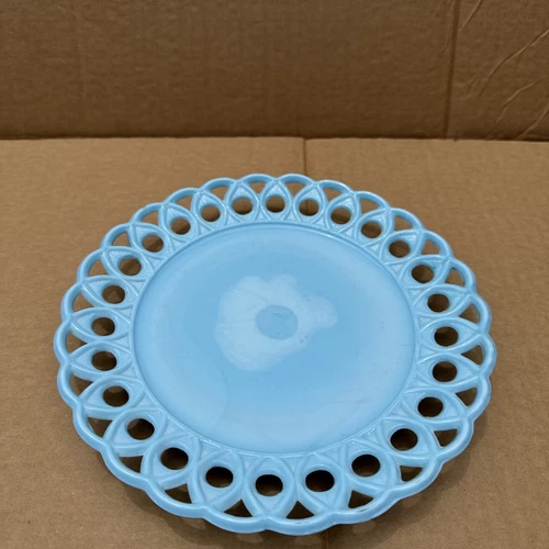 Blue Milk Glass Plate Challinor &Taylor Loopy / Scroll & Eye Lattice Slag Glass