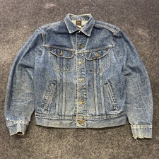 Vintage 80s Lee Trucker Jacket Blue Jean Denim DISTRESSED Sz L LONG VTG 1980