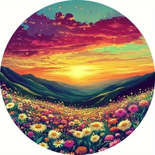 2D Flat,1pc 7.87 Round Aluminum Wall Art - Vivid Sunset Mountain Scene W/Wildflo