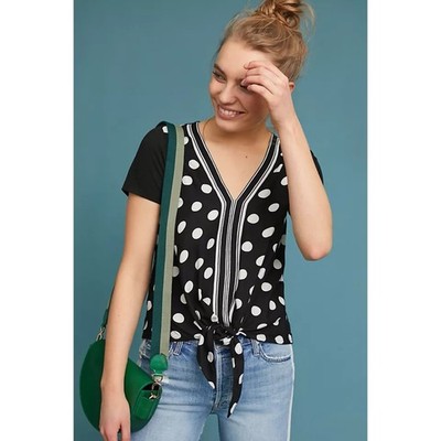 Anthropologie Akemi  + Kin Polka Dot Tie Front Blouse Top Black White Womens S
