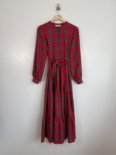 Boden Dress Size UK 10 R Red Alba Check Shirt Maxi Tiered Tartan Plaid Belted