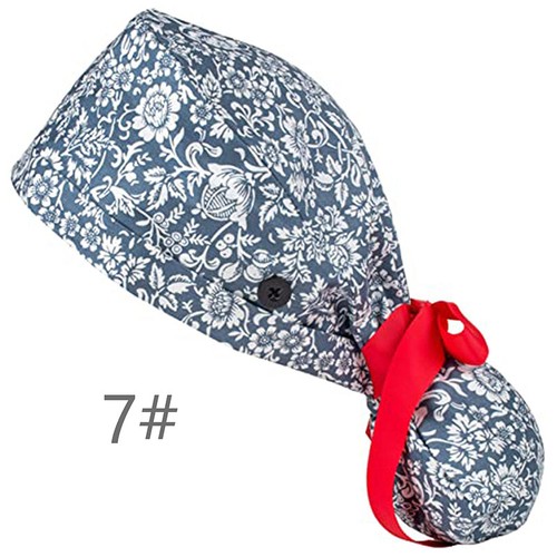 Women Floral Long Hair Medical Scrub Cap Adjustable Doctor Nurse Bouffant Hat - Picture 16 of 30