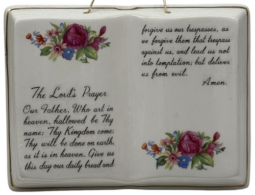 Vintage Porcelain Ceramic Hanging Wall Plaque The Lords Prayer Open Book Flowers - Picture 2 of 10