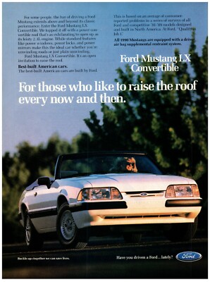 1990 Ford Print Ad, Mustang LX Convertible 90's Woman Driving Top Down White Car