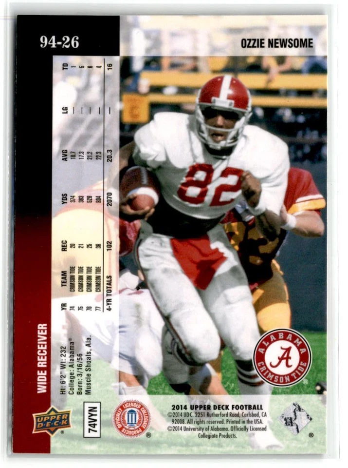 Ozzie Newsome Alabama Crimson Tide 2014 Upper Deck '94 UD Tribute #94-26 - Image 2 of 2