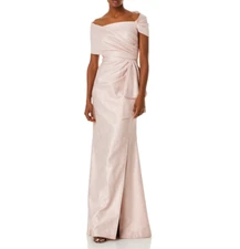 Teri Jon by Rickie Freeman Metallic Jacquard Asymmetric Pleated Gown 8A 2470