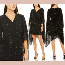 NEW $598 Mac Duggal [ LARGE ] 94044 Cape Sleeves Faux Wrap Dress Black J1637
