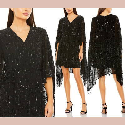 NEW $598 Mac Duggal [ LARGE ] 94044 Cape Sleeves Faux Wrap Dress Black J1637