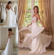 Sexy V Neck Lace Chiffon Beach Wedding Dresses Boho Open Back Bridal Gowns 2019