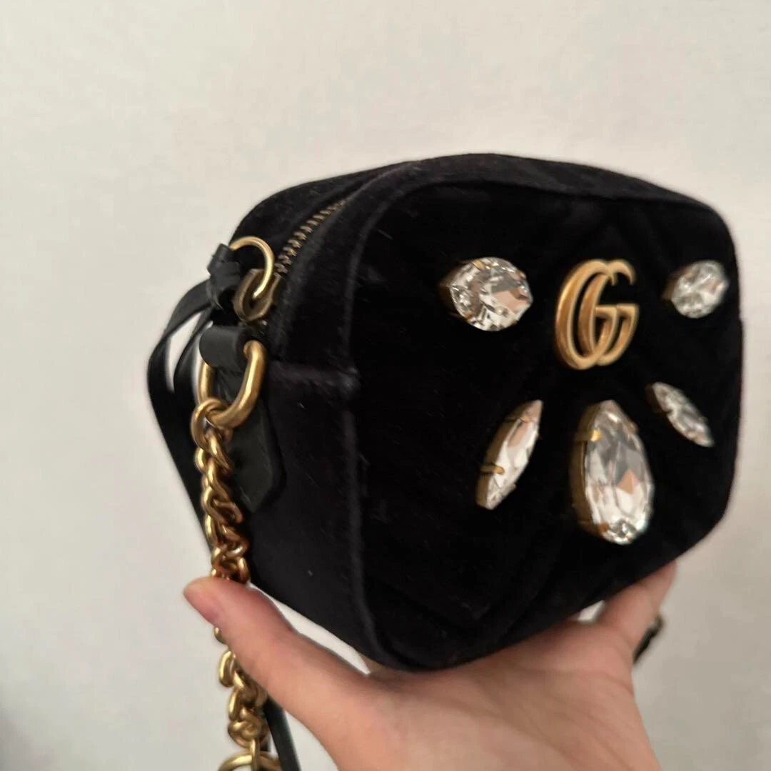 Gucci GG Marmont velvet chain shoulder bag mini Pochette camera velour  crystal