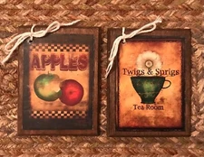 5 Wooden PRiM Hang Tags/Ornaments/Bowl Fillers COUNTRY COFFEE SHOP SET2
