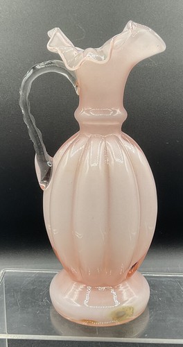 Jarrón de vidrio artístico Fenton melón vintage jarra rosa superposición 9” de alto años 40’s - Imagen 3 de 7