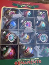 Box/12, RADKO Confetti Shiny Brite Retro VTG 2  Glass Indent Christmas Ornaments