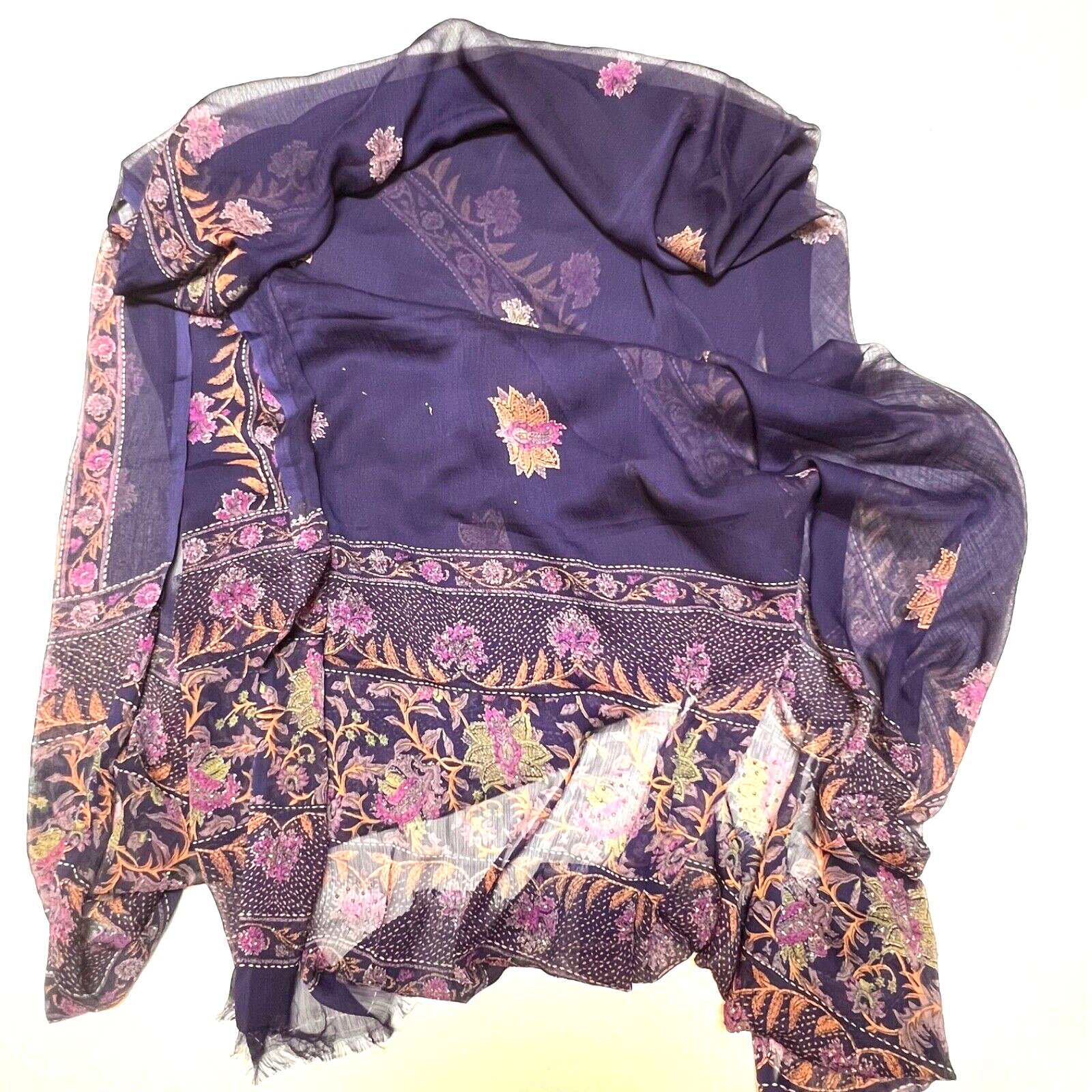 Purple Floral Viscose Rhinestone Shawl with Elegant Fringe Trim-image