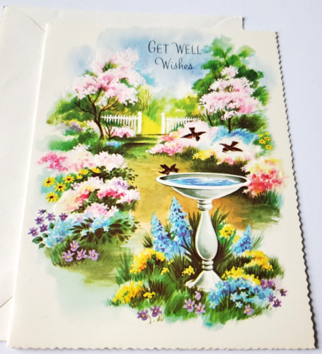 Vtg Greeting Card Get Well Embossed Birdbath Birds Pretty Flowers Picket Fence - Picture 1 of 3