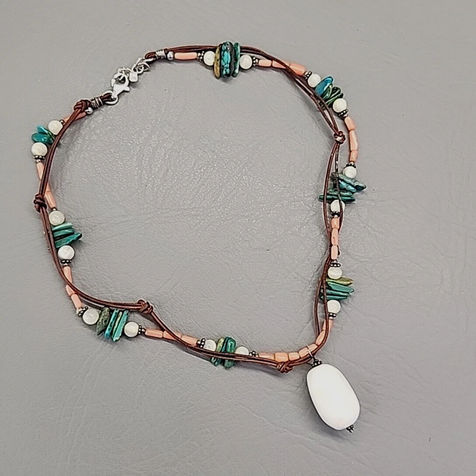 Stone Pendant Necklace Turquoise Howlite Green Chips White Nugget 18" - Image 2 of 4