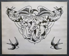 Huck Spaulding  Rogers Traditional Vintage Style Tattoo Flash Sheet, Horses