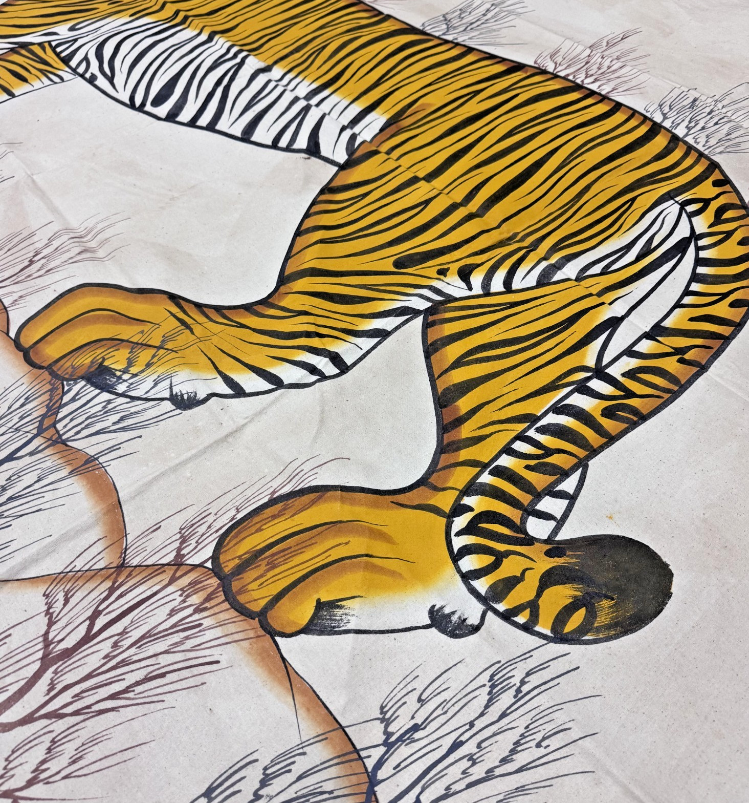 Large Tiger Painting on Cotton Yellow Indian Tiger Wildlife Handpainted Wall Art