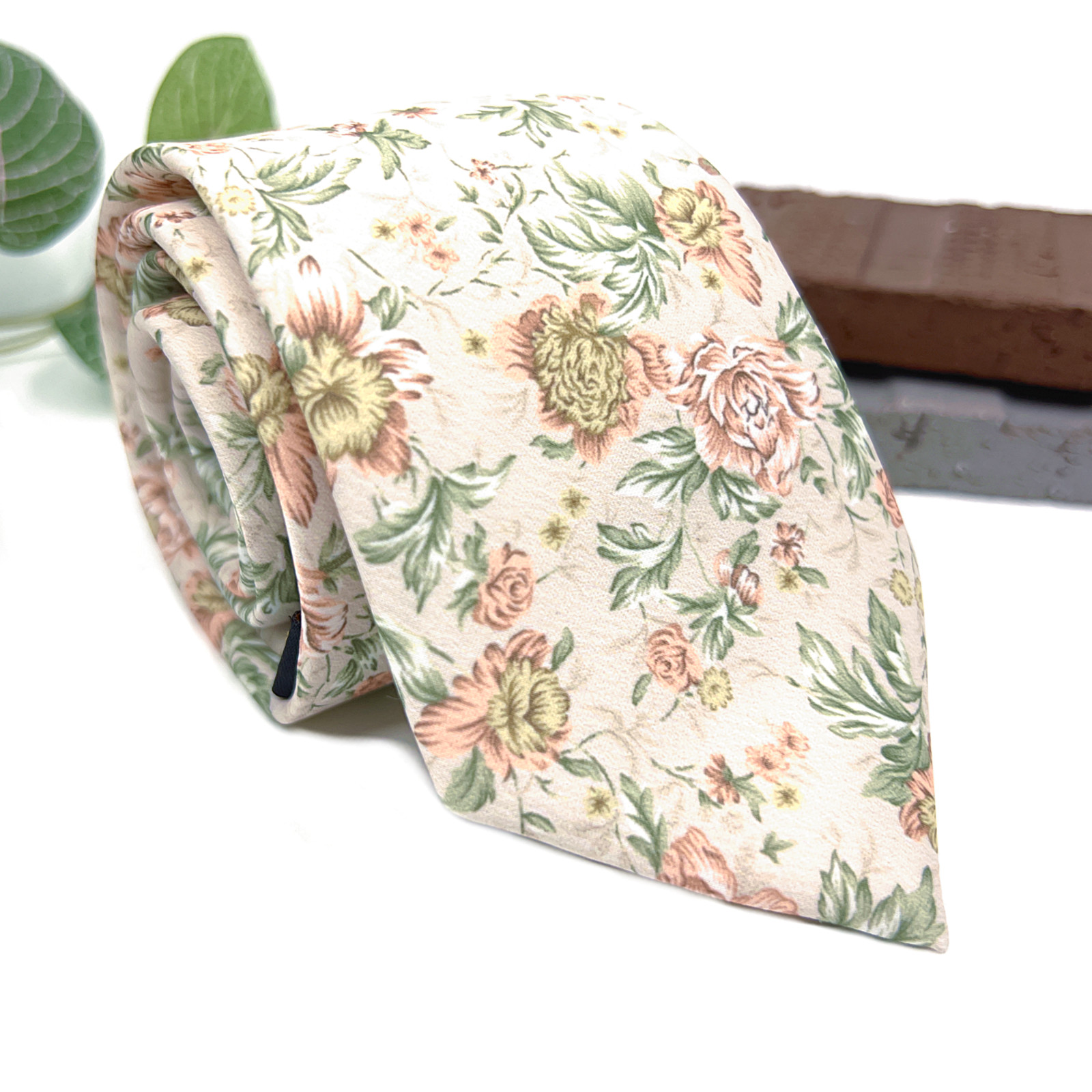 Juego de corbata floral melocotón y cuadrado de bolsillo - Corbata de boda hecha a mano para novio