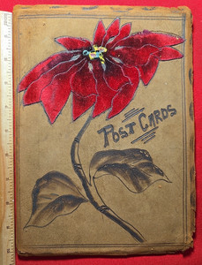 1908 Leather  Postcard Album w/ Velvet Poinsettia - 12 EMPTY Pages for Cards -VG