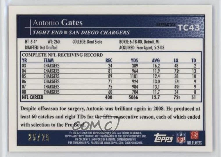 2009 Topps Chrome Red Refractor /25 Antonio Gates #TC43 - Image 2 of 2