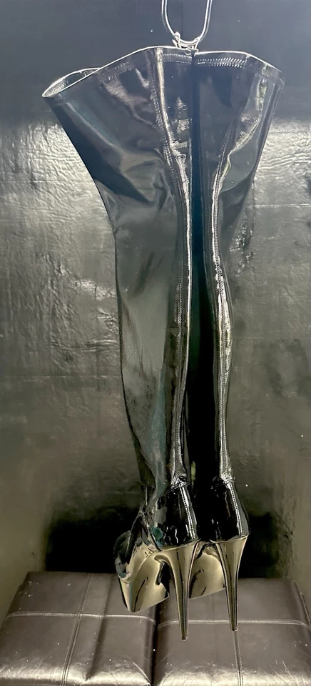 Botas W’s Ellie Negras Strechy Brillantes 6 pulgadas Tacones Altos Plataforma Sobre la Rodilla 10 Foto 4 de 4