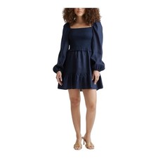 Quince 100% European Linen Smocked Mini Dress Large Navy Blue Puff Sleeves