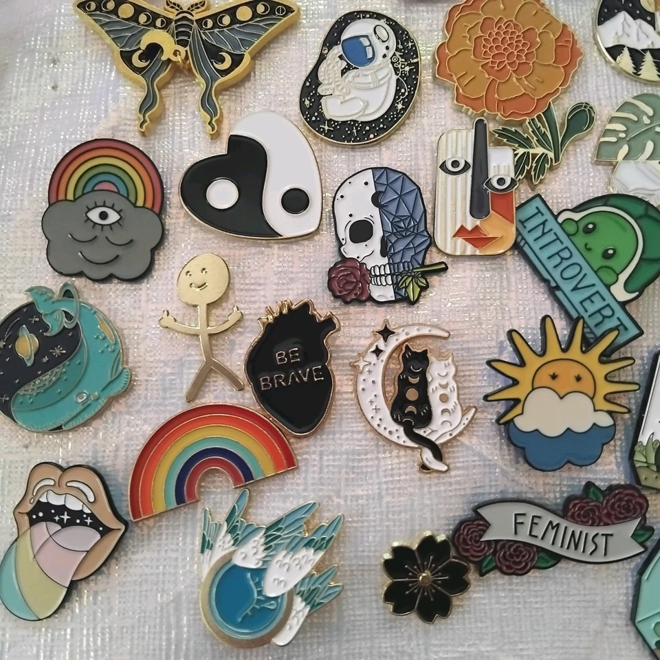 Assorted Enamel Pins Lot of 35pcs Butterfly Moon Plants Cat Rainbow Irreverent - Image 3 of 4