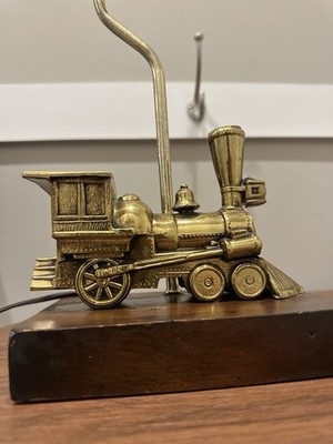 Vintage  Brass Railroad Steam Train Model Table Lamp Wooden Base NO SHADE