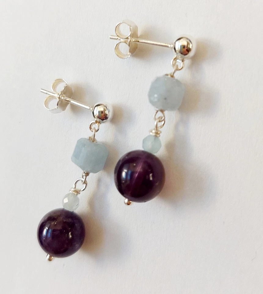Orecchini in argento 925 pietre acquamarina a cubo e ametista idea regalo Natale - Immagine 3 di 4