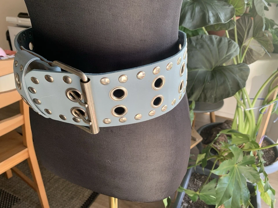 Vintage Leather Wide Belt, large Buckle, drop waist style 83cm x 8cm blue XS - image 2 of 4