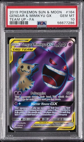 2019 POKEMON SUN & MOON TEAM UP #164 FULL ART/GENGAR & MIMIKYU GX PSA 10